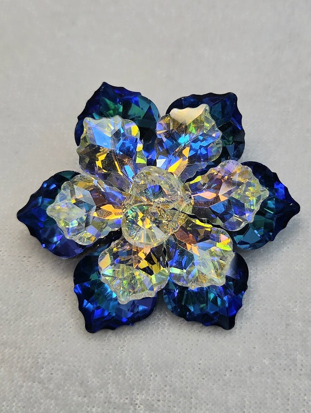 New Two-tiered Vitrail Blue Crystal Flower Brooch / Pin